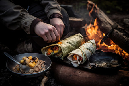 campfire chef, with frying pan on fire and ingredients in hand, making the most delicious breakfast burrito, created with generative aiの素材