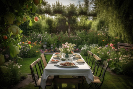 al fresco dining in a garden setting with blooming flowers, created with generative aiの素材