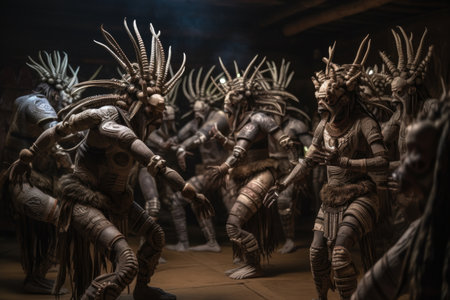group of aliens performing ancient dance, with their movements and costumes having a mesmerizing effect, created with generative aiの素材