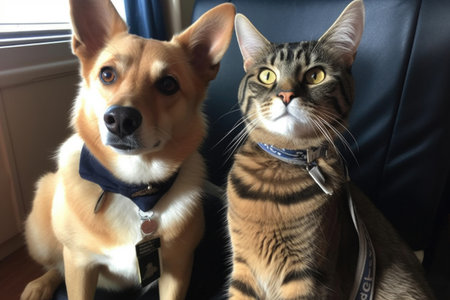 strained relationship between dog and cat flight attendants, with the former constantly barking at the latter, created with generative aiの素材