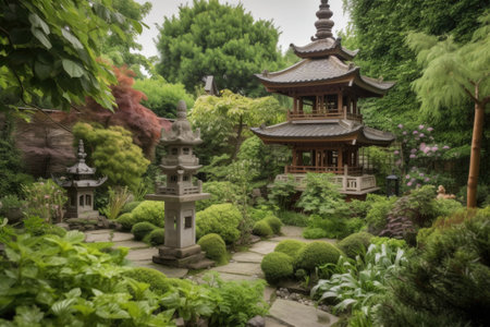 peaceful garden with chinese pagoda and bonsai trees, created with generative aiの素材