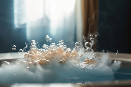 bubbles floating on the surface of a hot bubble bath, with steam rising from the water, created with generative aiの素材