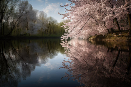 cherry blossom bloom on still lake, with reflection visible, created with generative aiの素材