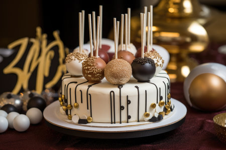 birthday cake with personalized lettering and custom-made cake pops, created with generative aiの素材