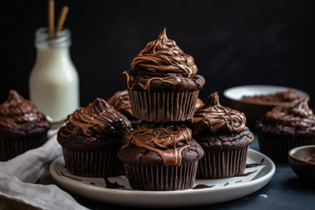 stack of deliciously moist and rich chocolate cupcakes with swirls of creamy frosting, created with generative aiの素材