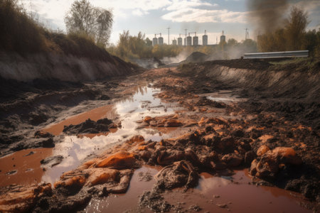 an overflowing chemical waste dump, spilling toxic substances onto the ground, created with generative aiの素材