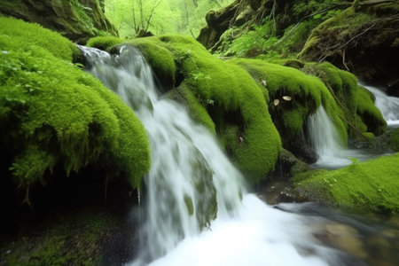 close-up of cascading spring waterfalls, with the sound of rushing water audible, created with generative aiの素材