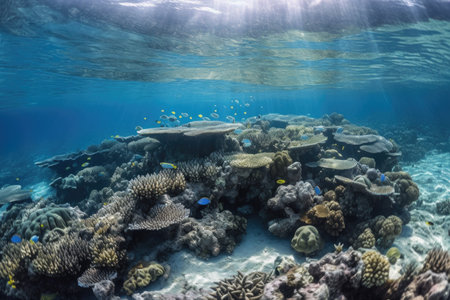 underwater view of coral reef with schools of fish swimming among the corals, created with generative aiの素材