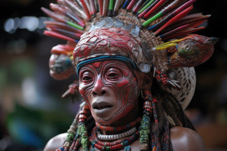 close-up of aliens face, with its distinctive features and skin colors on display, while it wears festive headdress and dances during festival, created with generative aiの素材