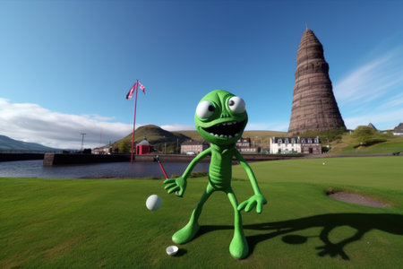 alien enjoying round of golf on the green, with ship in the background, created with generative aiの素材