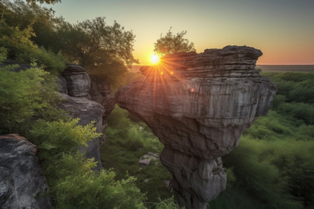 natural rock formation surrounded by lush greenery, with view of the sun rising over the horizon, created with generative aiの素材