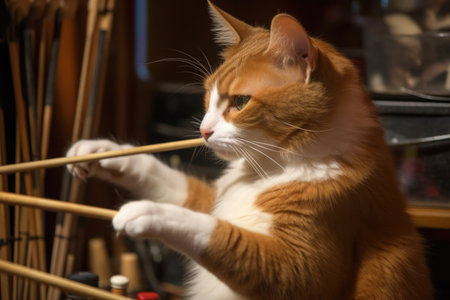 cat percussionist, tapping sticks on a bass drum, created with generative aiの素材