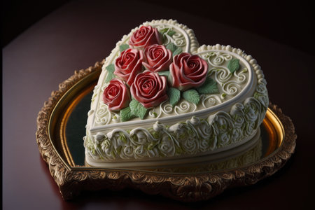 heart-shaped cake with cascading frosting and rose accents, created with generative aiの素材
