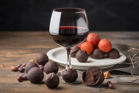 wine glass filled with dark chocolate truffle paired with fruity red wine, created with generative aiの素材