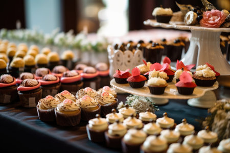 table with display of classic and gourmet cupcakes, each in its own unique flavor and decoration, created with generative aiの素材