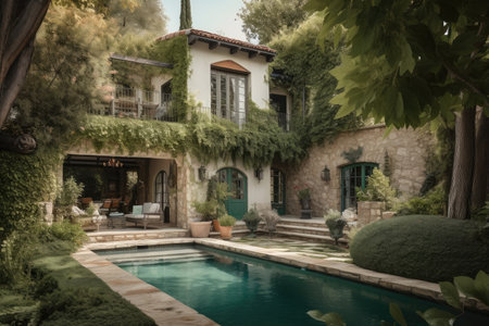 exterior of mediterranean house with lush green garden and swimming pool, created with generative aiの素材