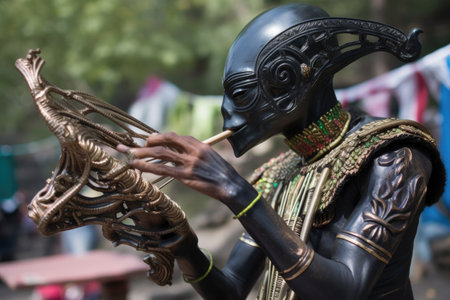 alien performing intricate dance, or playing a musical instrument, during local festival, created with generative aiの素材