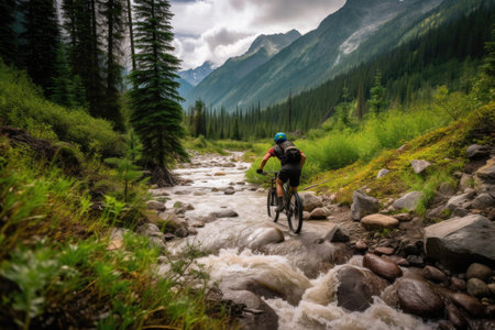 mountain biker on technical singletrack, with view of rushing creek in the background, created with generative aiの素材