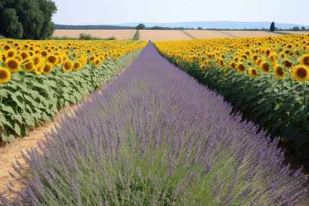 lavender field, with row of blooming sunflowers in the background, created with generative aiの素材