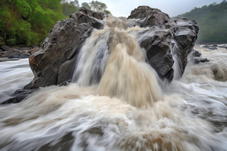 natural rock formation surrounded by rushing river, with water droplets flowing over the rocks, created with generative aiの素材