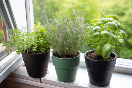 potted herb garden on patio or windowsill, created with generative aiの素材