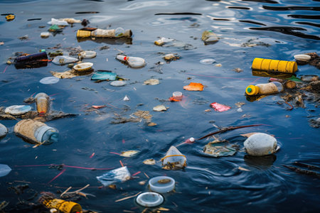 plastic bottle caps and other plastic waste floating on the surface of the ocean, created with generative aiの素材