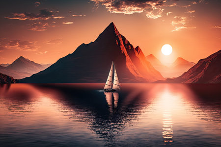 sailboat gliding past majestic mountain range, with the sun setting behind, created with generative aiの素材