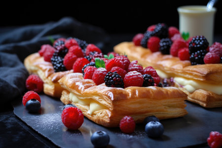 tarte flaky puff pastry with berry & custard filling, created with generative aiの素材