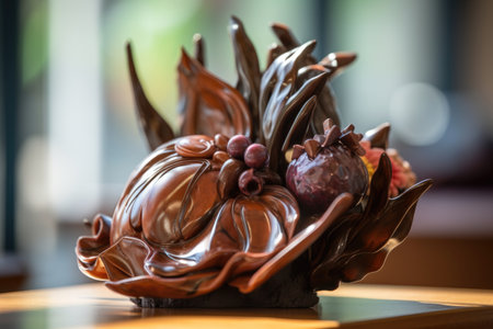 chocolate sculpture of a delicate flower, with fruit and vegetables in the background, created with generative aiの素材