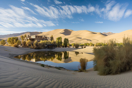 peaceful oasis surrounded by soaring dunes and sunbaked peaks, created with generative aiの素材