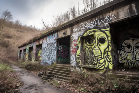 alien graffiti, showing off their artistic side on the walls of a derelict building, created with generative aiの素材