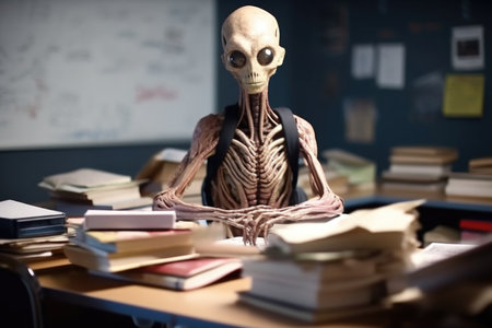 alien student, with books and notes, in classroom full of human students, created with generative aiの素材