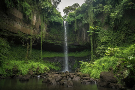 majestic waterfall cascading over towering rock formation, surrounded by lush greenery, created with generative aiの素材