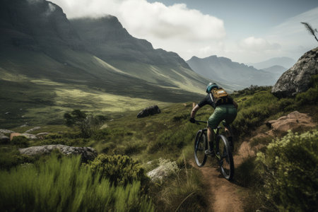 mountain biker taking on challenging downhill section, with view of the valley below, created with generative aiの素材