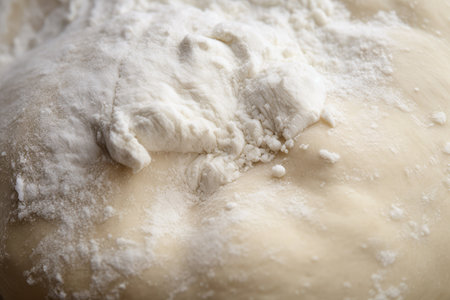 close-up of pizza dough, with flour and yeast visible, created with generative aiの素材