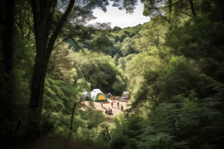 hiking trip with community campsite, surrounded by lush greenery and towering trees, created with generative aiの素材
