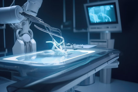 robot, printing 3d medical device on a futuristic operating table, created with generative aiの素材