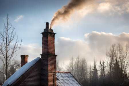 chimney stack with smoke rising from a fireplace, against the backdrop of the winter sky, created with generative aiの素材