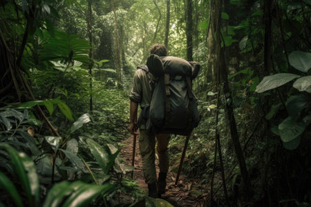 adventure traveler making their way through dense jungle, with backpack on their back and machete in hand, created with generative aiの素材