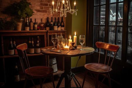 bistro table with mismatched chairs, candle and glasses of wine, created with generative aiの素材