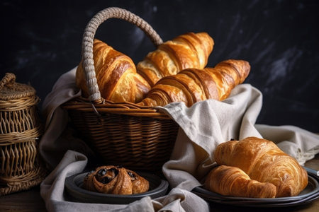 homemade pastries and croissants in basket or on plate for easy transport, created with generative aiの素材