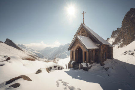 mountain chapel in winter, with view of snow-covered peaks and frozen lakes, created with generative aiの素材