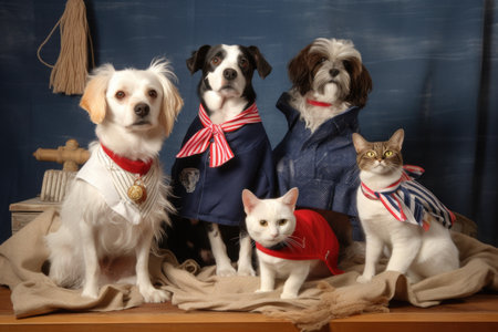 feline and canine models showcasing fashions from nautical-themed collection, created with generative aiの素材