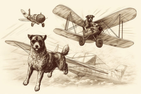 sketch of feline and canine duo flying in vintage biplane, created with generative aiの素材