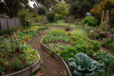 permaculture garden with edible plants, fruits, and vegetables, created with generative aiの素材