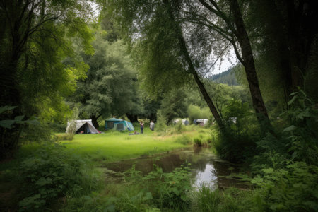 campsite with lush green trees and a nearby stream, created with generative aiの素材