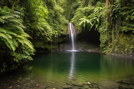 waterfall cascading into tranquil lagoon, surrounded by lush greenery, created with generative aiの素材
