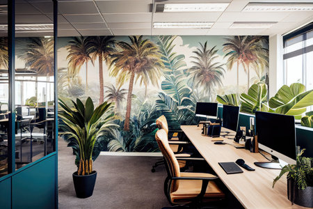 office with towering palm trees and exotic plants, bringing a tropical vibe to the workspace, created with generative aiの素材
