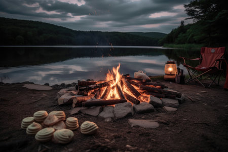 campfire with (smores, marshmallows and graham crackers for roasting) next to lakeside cabin, created with generative aiの素材