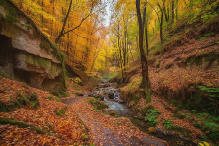 colorful autumn forest with long trails, streams and waterfalls, created with generative aiの素材